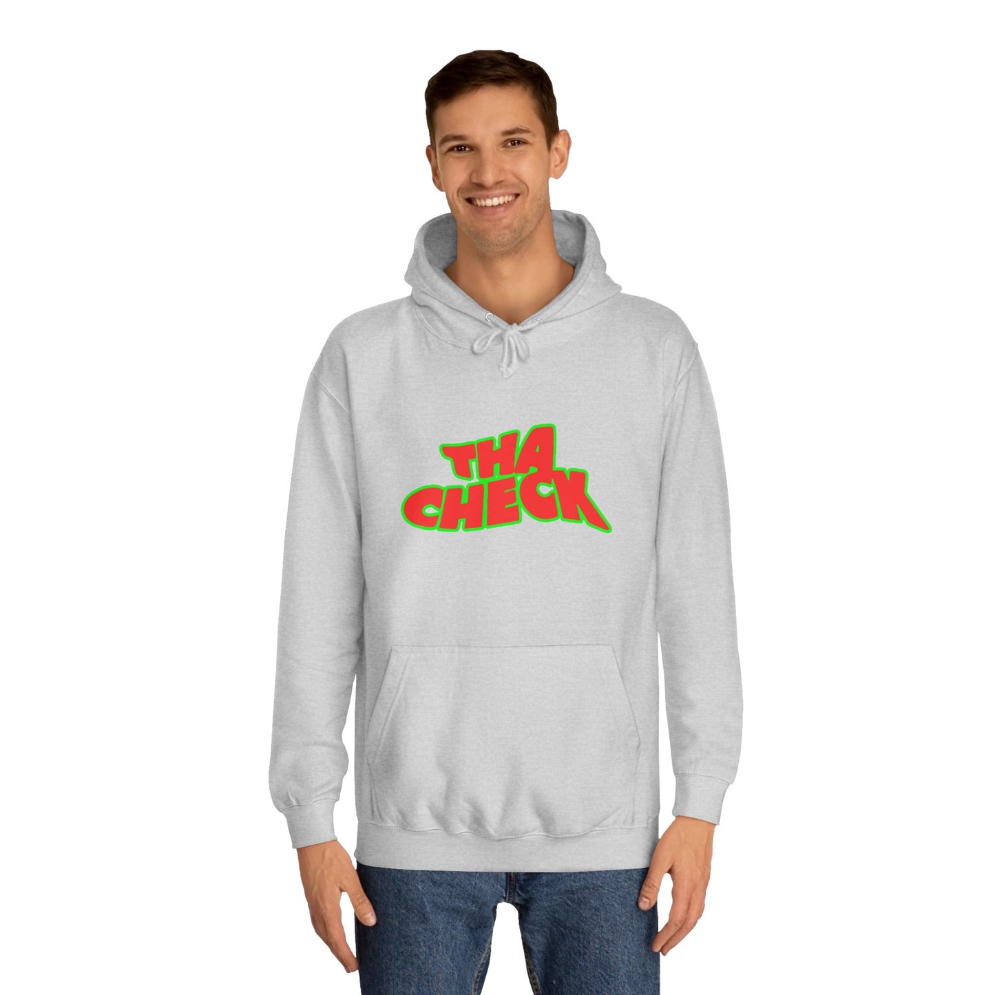 Colorful Unisex College Hoodie with 'THA CHECK' Design