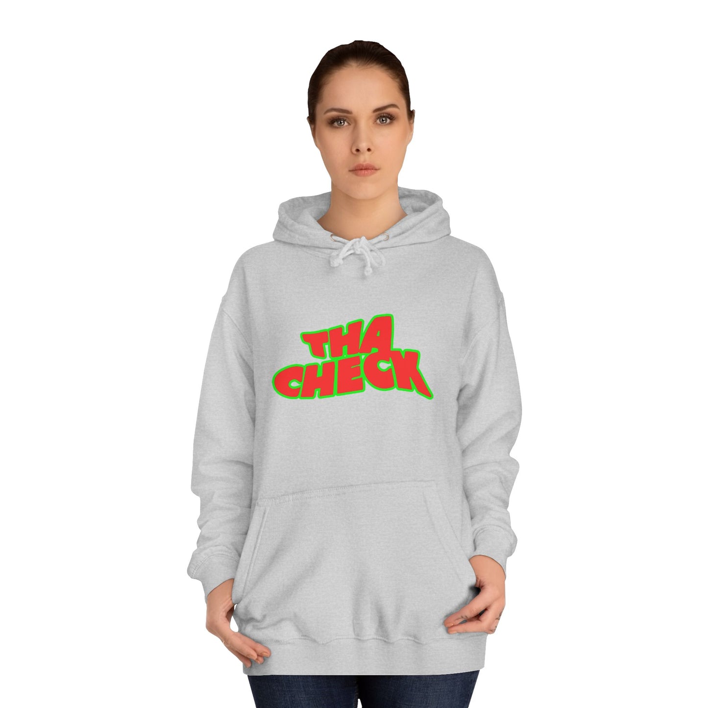 Colorful Unisex College Hoodie with 'THA CHECK' Design