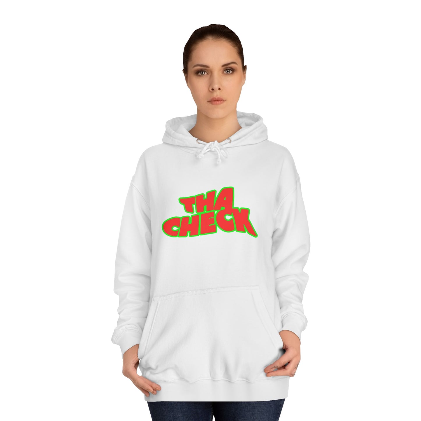 Colorful Unisex College Hoodie with 'THA CHECK' Design