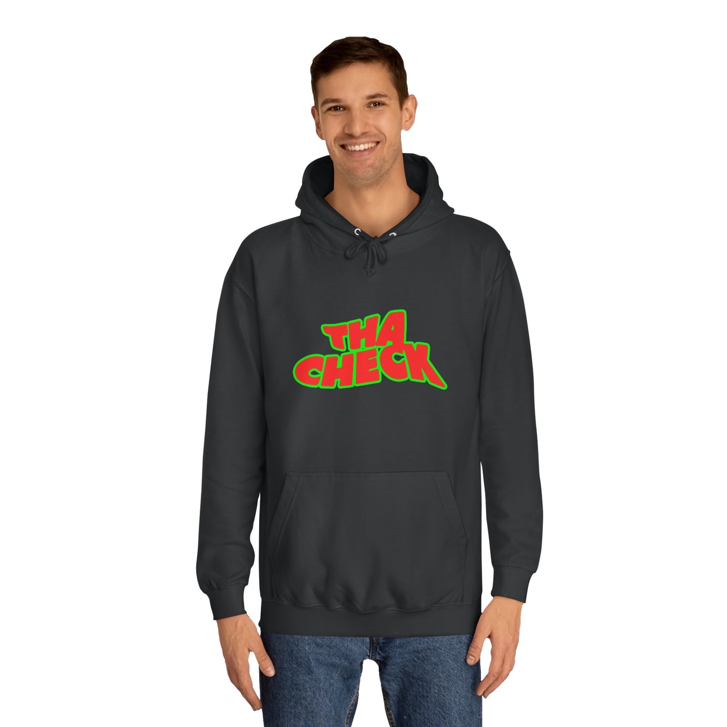 Colorful Unisex College Hoodie with 'THA CHECK' Design