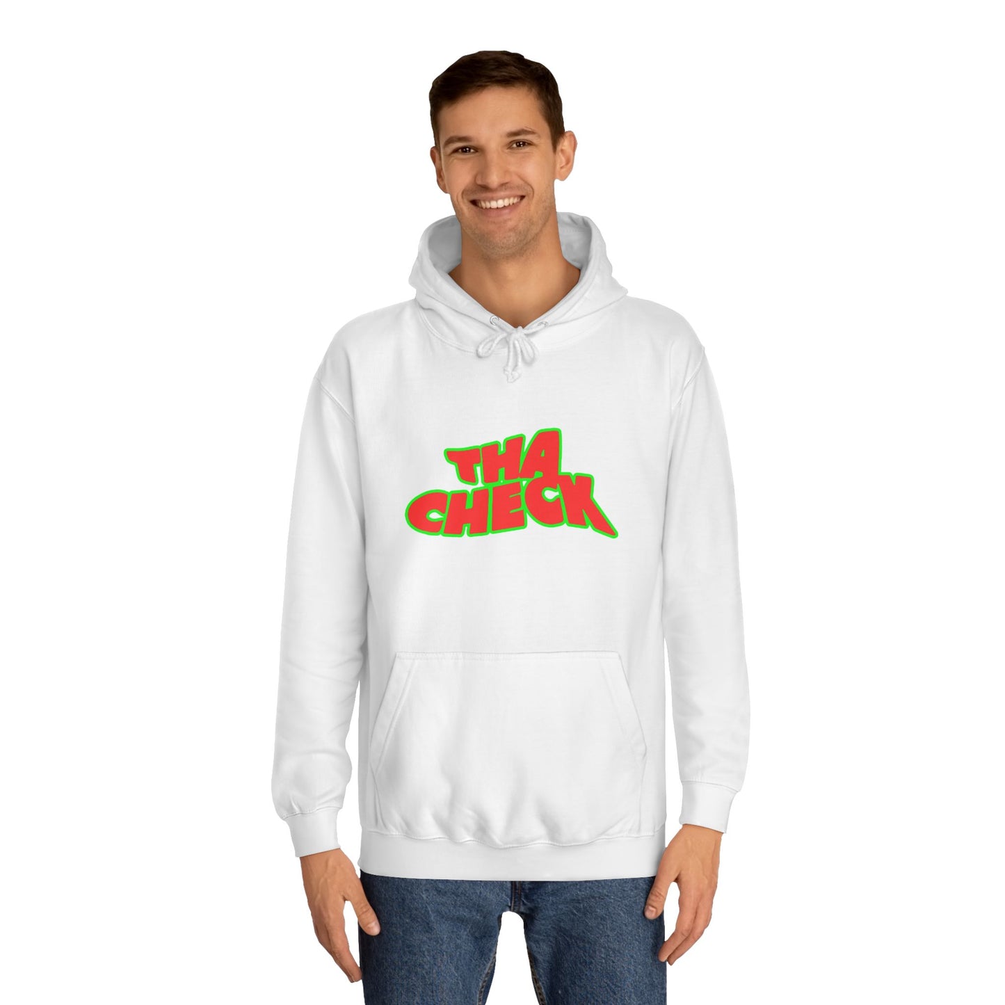 Colorful Unisex College Hoodie with 'THA CHECK' Design