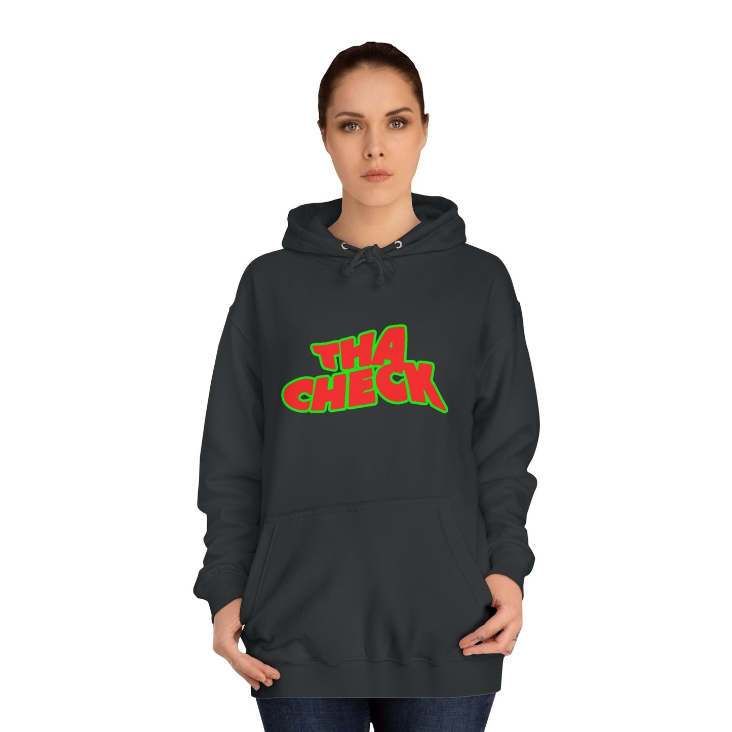 Colorful Unisex College Hoodie with 'THA CHECK' Design